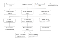 Структура управления: 
Первый уровень: директор - главное административное лицо; общее собрание работников школы; управляющий совет и наблюдательный совет. 
Второй уровень: педагогический совет, родительский комитет, профсоюзный комитет. 
Третий уровень: заместители директора, педагог - организатор. 
Четвертый уровень:методический совет, совет ученического самоуправления